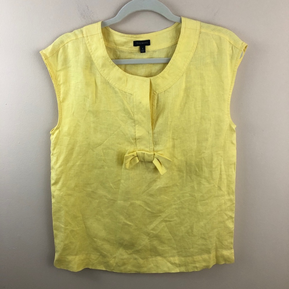 Talbots Top Womens 8 Yellow 100% Linen Front Bow